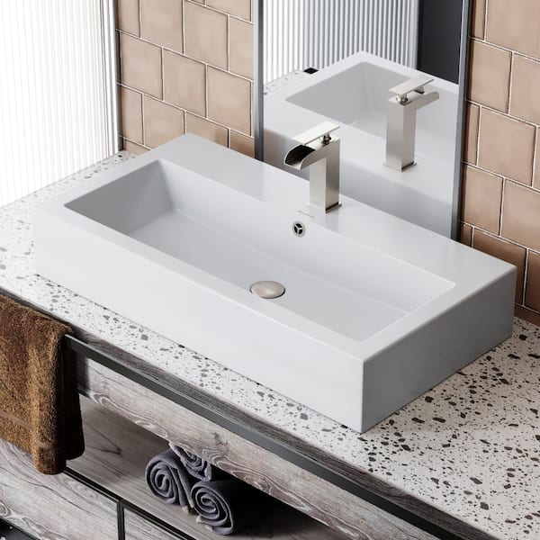 Swiss Madison Voltaire Wide Rectangle Vessel Sink in White