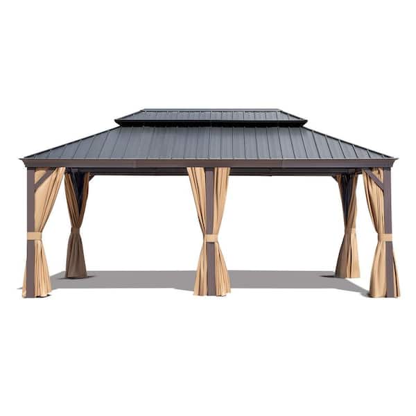 18 ft. x 12 ft. Gray Aluminum Framed Top Double-Tier Hardtop Gazebo for Backyard