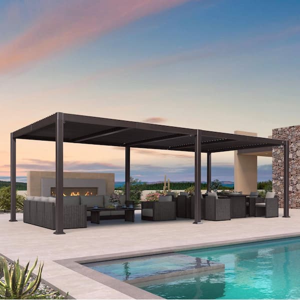 11.7 ft. x 24.1 ft. Bronze Aluminum Outdoor Louvered Pergola with 4-Individual Adjustable Roofs and In-Built Gutter