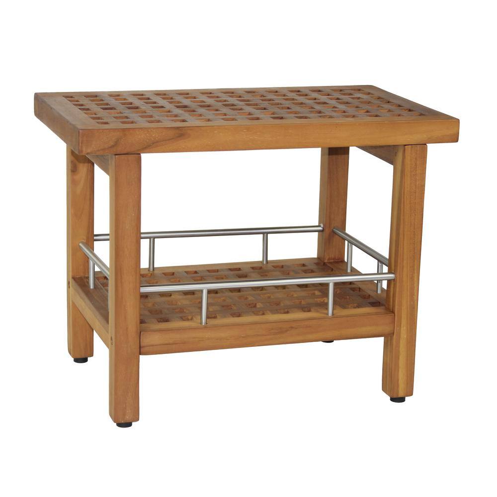 Patented 24 in. x 14 in. Grate Freestanding Teak and Stainless Shower Bench
