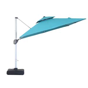 10 ft. Square Aluminum Cantilever Patio Umbrella 360-Degree Rotation Dual Top Steel Ribs with Cover and Base in Blue