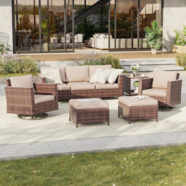6-Piece Patio Conversation Set Brown Wicker with Swivel Rocking Chair and Side Table, Sand