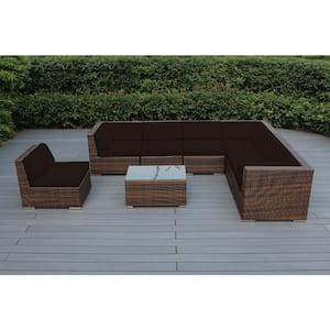 Ohana Depot Ohana Black 7-Piece Wicker Patio Seating Set with Sunbrella Aruba Cushions