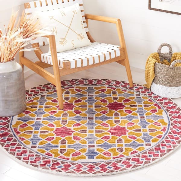 Aspen 5 ft. x 5 ft. Red/Yellow Geometric Border Round Area Rug