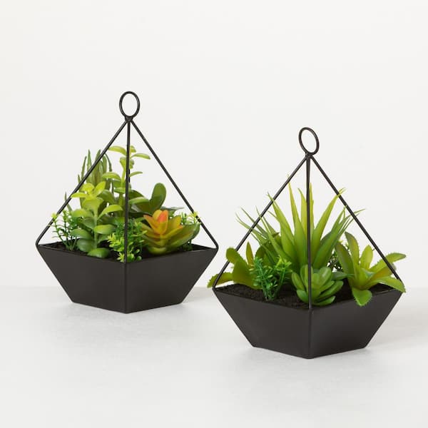 SULLIVANS 9" Artificial Green Succulents In Pyramid Planters - Set of 2