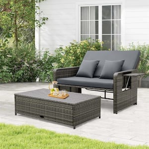2-piece Wicker Outdoor Loveseat Sofa Set with Ottoman and Gray Cushions