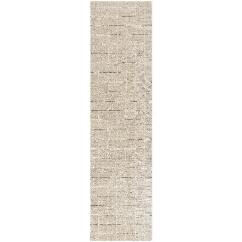 Light Beige Polyester Grid Pattern Runner Rug, 2'7" x 7'3"