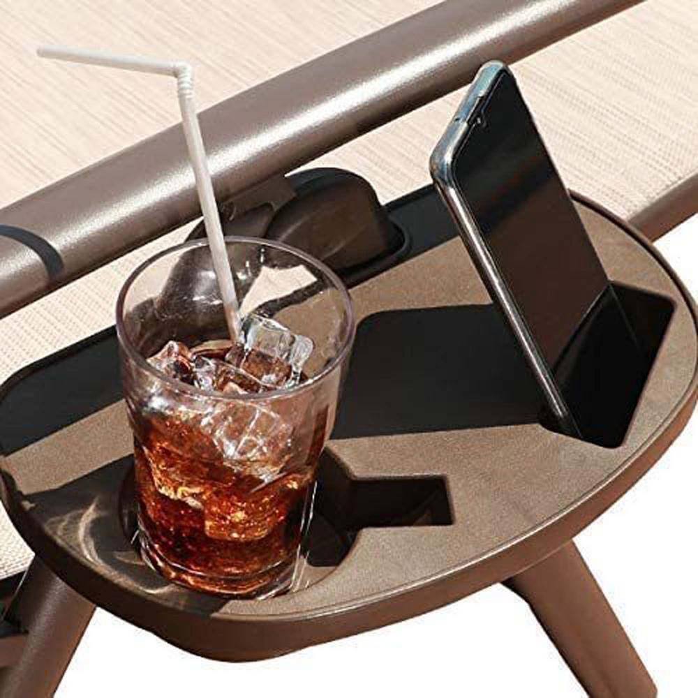 Beige Aluminum Adjustable Outdoor Chaise Lounge with Drink Holder