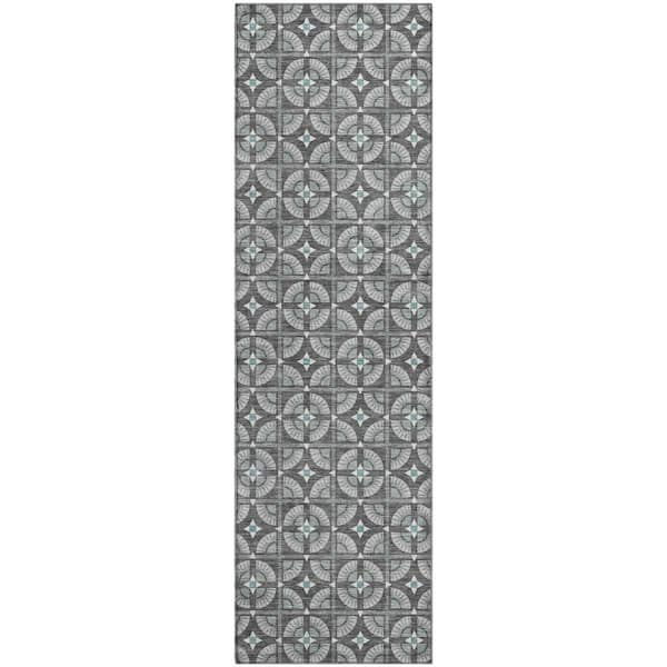 Mayfield Premium Machine Washable Abstract AMF2552 Charcoal 2 ft. x 7 ft. Runner Rug