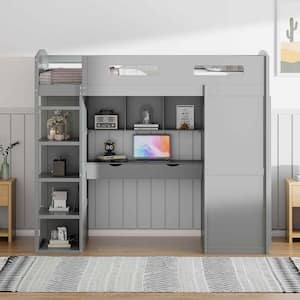 Twin Size Loft Bed with Desk, Wardrobes, 4 Drawers and 4 Shelves-Gray