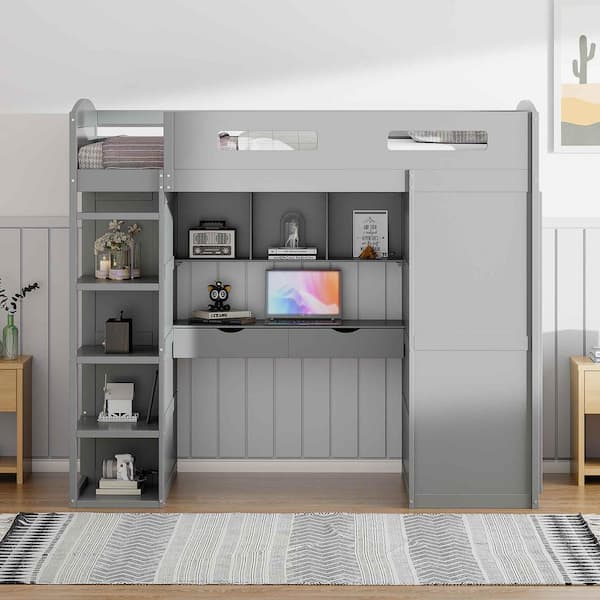 Polibi Twin Size Loft Bed with Desk, Wardrobes, 4 Drawers and 4 Shelves-Gray