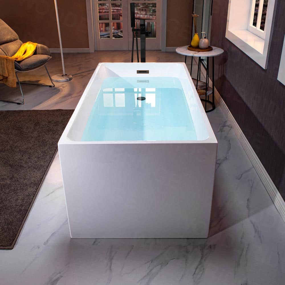 59'' White Acrylic Freestanding Rectangular Soaking Bathtub