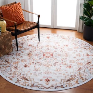 Tuscon Beige/Gray 4 ft. x 4 ft. Machine Washable Floral Border Round Area Rug