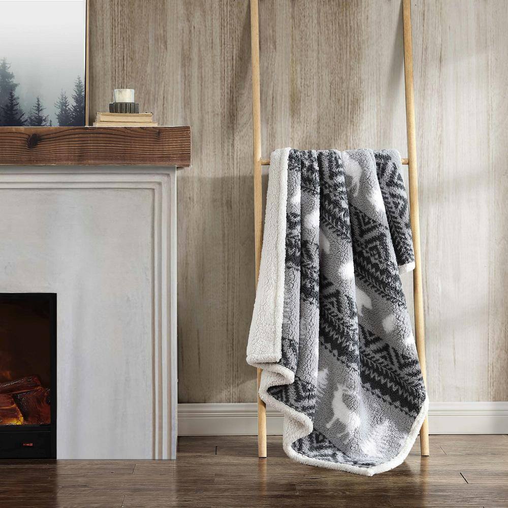 Gray and White Reversible Sherpa Fleece Throw Blanket