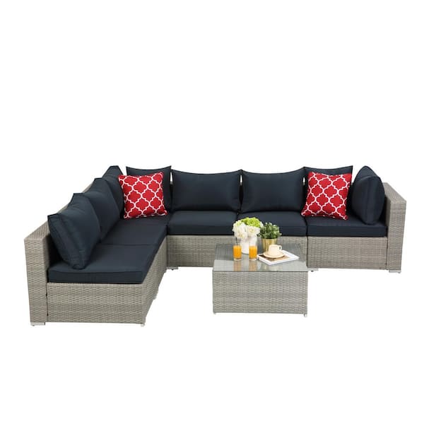 Sireck 7-Piece Wicker Outdoor Sectional Set Gray with Dark Blue Cushions