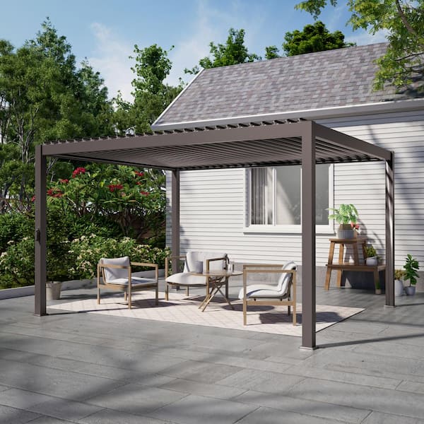 JOYESERY 12 ft. x 14 ft. Outdoor Patio Adjustable Metal Pergola with Louvers, Durable and Modern Design, Brown
