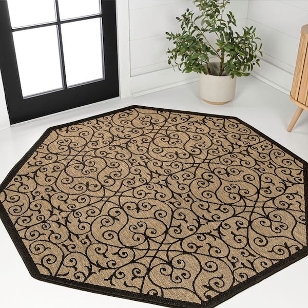 Madrid Vintage Filigree Textured Weave Black/Khaki 5 ft. Octagon Indoor/Outdoor Area Rug