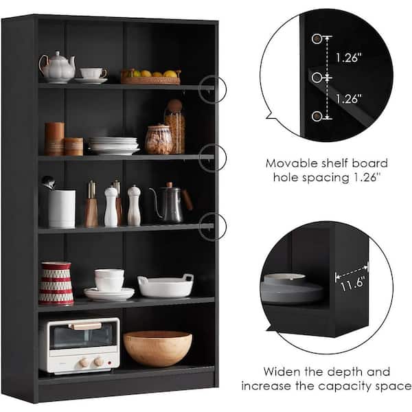 Lirago 60 in. Tall Black Wood 5-Shelf Bookcase FXHD0202-54BS - The