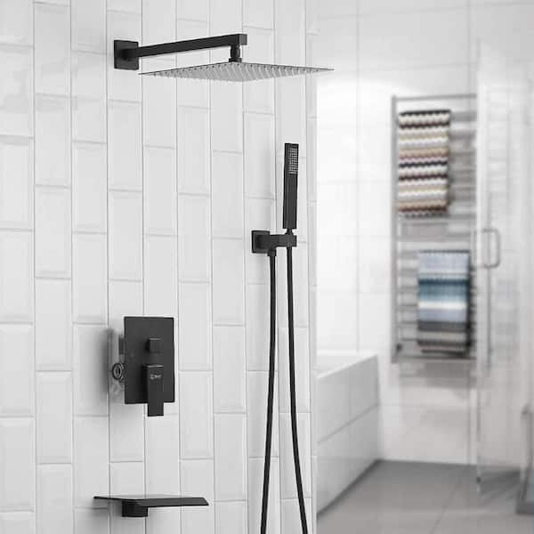 Unbranded Single Handle 1-Spray Wall Mount Tub and Shower Faucet 1.8 GPM Waterfall Shower Faucet Kit in Matte Black Valve Included