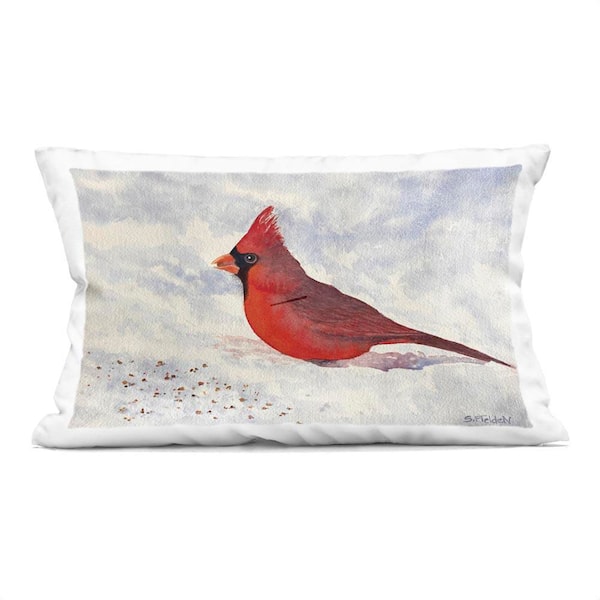 Red Cardinal in Snow Blue Abstract Polyester 14 in. x 20 in. Throw Pillow