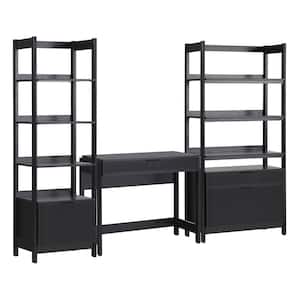 38 in. 3-Piece Transitional Black Reeded Writing Desk with 1 Narrow and 1 Wide Modern Bookcase