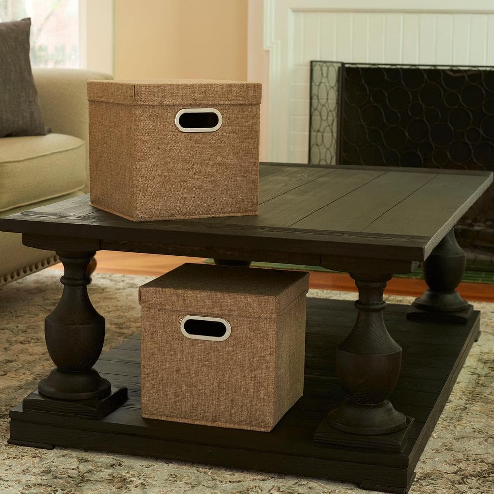 Set of 2 Beige Linen Fabric Collapsible Storage Cubes with Lids