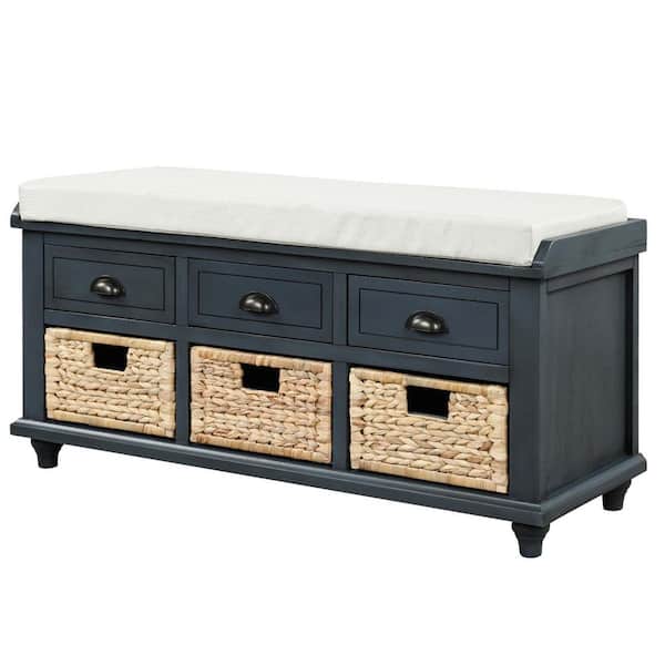 LUCKY ONE 19 in. H x 42 in. W Navy Blue Solid Wood Shoe Storage Bench with 3-Drawer and 3-Rattan Basket