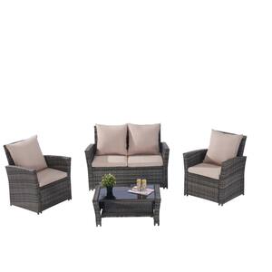 4-Pieces Gray Rattan Outdoor Patio Conversation Set with sand color Cushions, Garden Rattan Chair Wicker Set