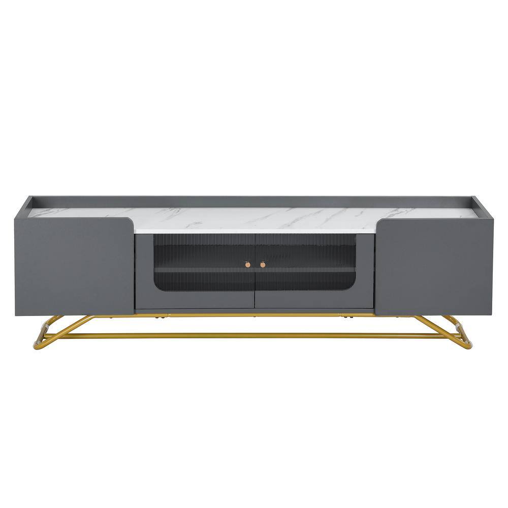 Gray Modern TV Stand with Fluted Glass, Faux Marble Top, and Gold Frame Base