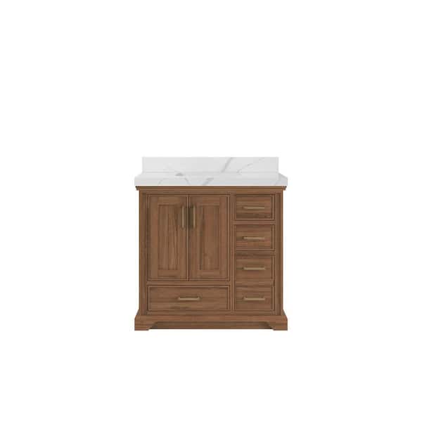 Willow Collections Charlotte Teak 36 in. W x 22 in. D x 36 in. H Center Sink Bath Vanity in Dark Natural with 2 in. Calcutta Laza Qt. Top