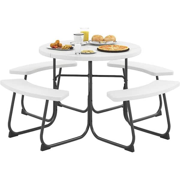 Outdoor Picnic Table Bench Set HDPE Tabletop Metal Frame with Umbrella Hole for Garden Backyard Porch Patio White