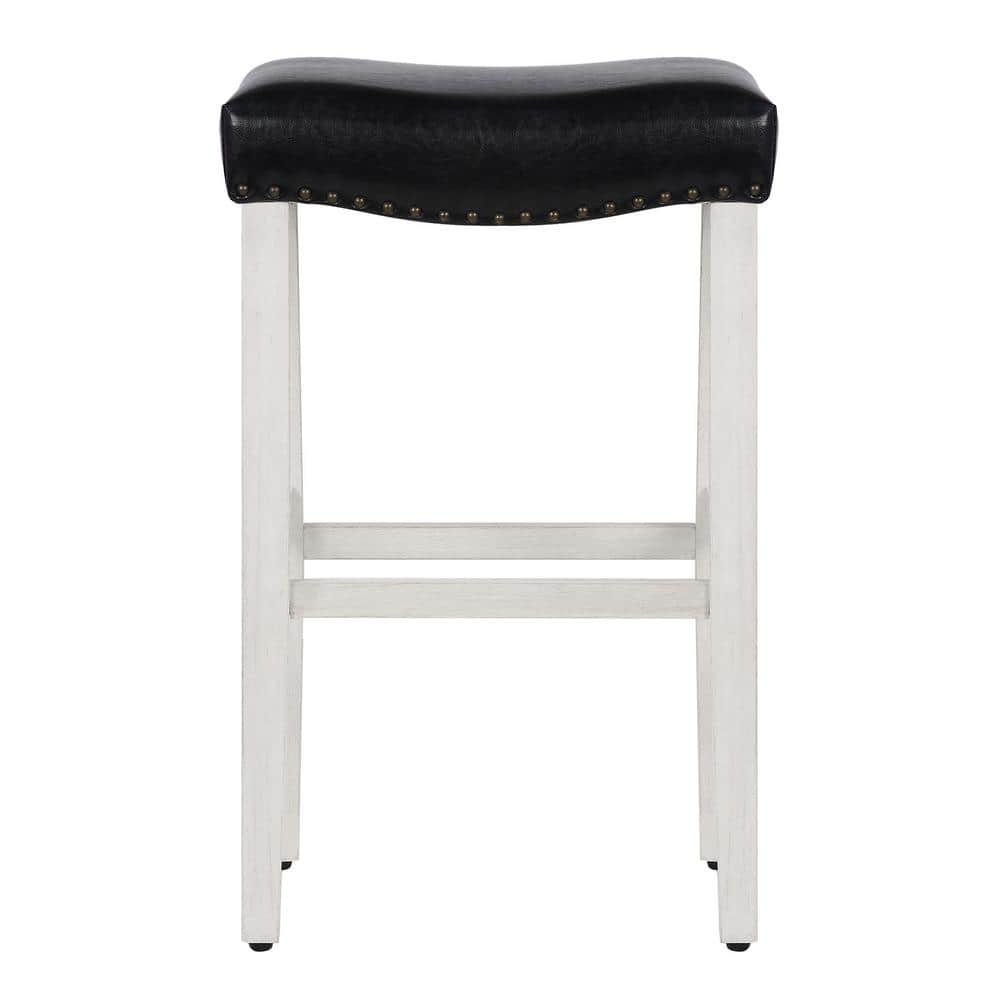 Antique White and Black Leather Saddle Style 29" Bar Stool