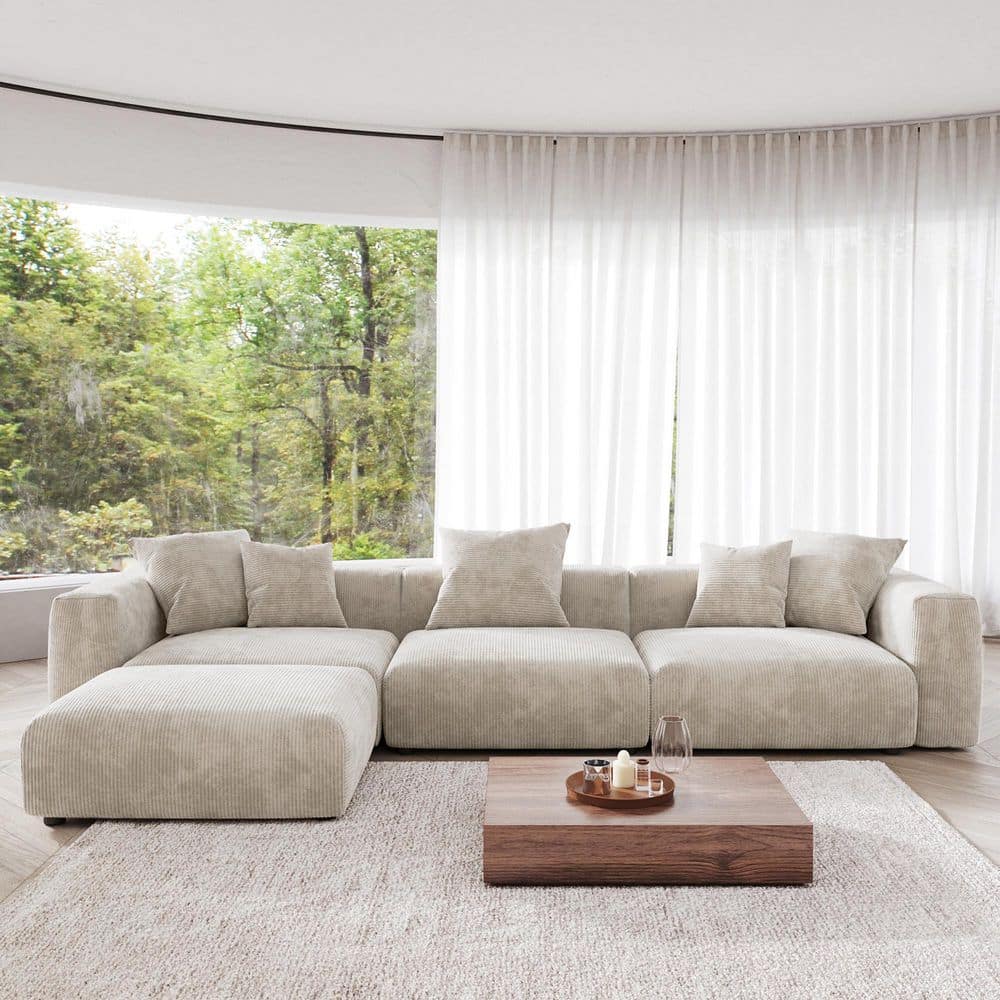 141.7 in Wide Square Arm Corduroy Oversized Modular Sofa with Ottoman, 31.49 in Deep Seats for Lounging in Beige