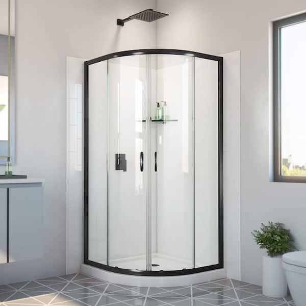 DreamLine Prime 33 in. W x 33 in. D x 78-3/4 in. H Sliding Shower Enclosure Base and White Wall Kit in Matte Black and Clear Glass