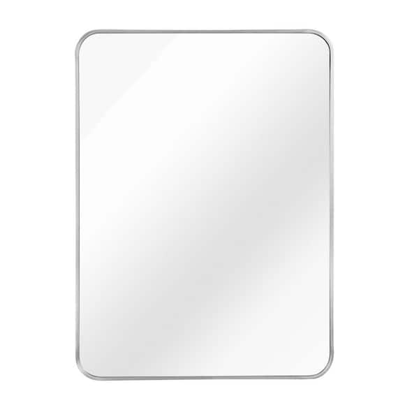 22 in. W x 30 in. H Rectangular Framed Hook Wall Bathroom Vanity Mirror in Silver