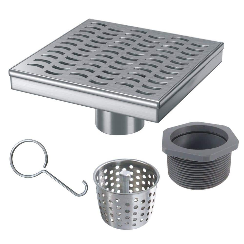 RELN 6 in. x 6 in. Stainless Steel Square Shower Drain with Wave Pattern Drain Cover, Silver