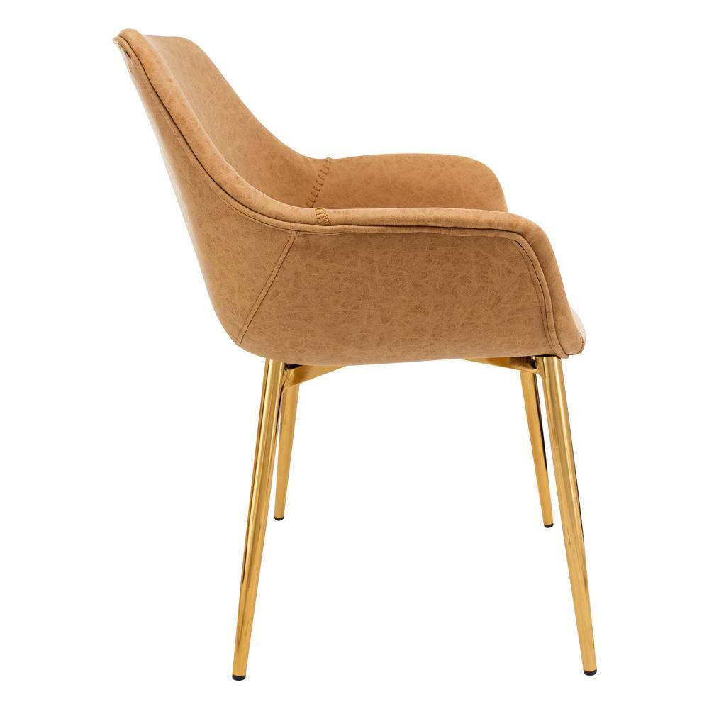 Light Brown High Metal Arm Chair with Faux Leather Upholstery