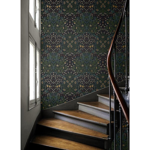 31.35 sq. ft. Midnight Blue and Evergreen Victorian Garden Vinyl Peel and Stick Wallpaper Roll