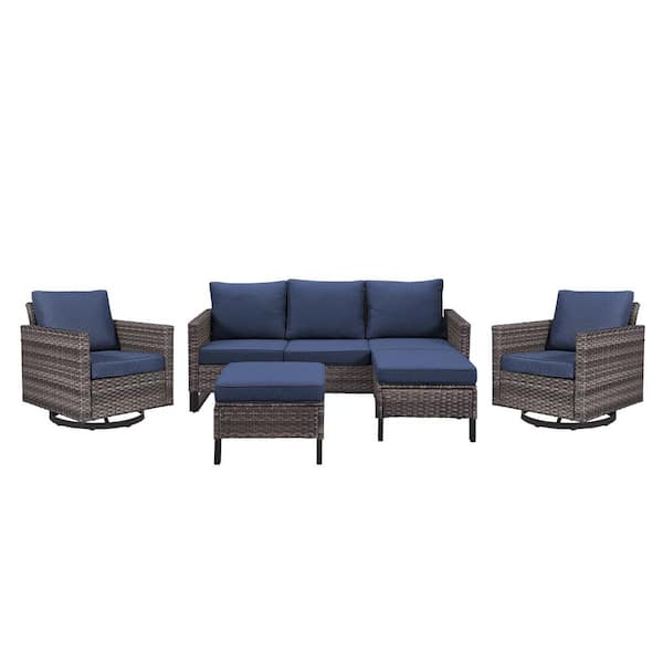 5-Piece Gray Wicker Patio Conversation Swivel Outdoor Rocking Chair Set Sectional Sofa with Blue Cushions