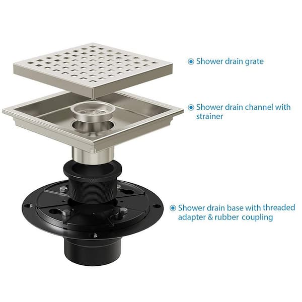 4 Inch Square Shower Floor Drain, 304 Stainless Steel Shower Drain Cover  Removable Grid Cover and Hair Filter Brushed CUPC Certified 