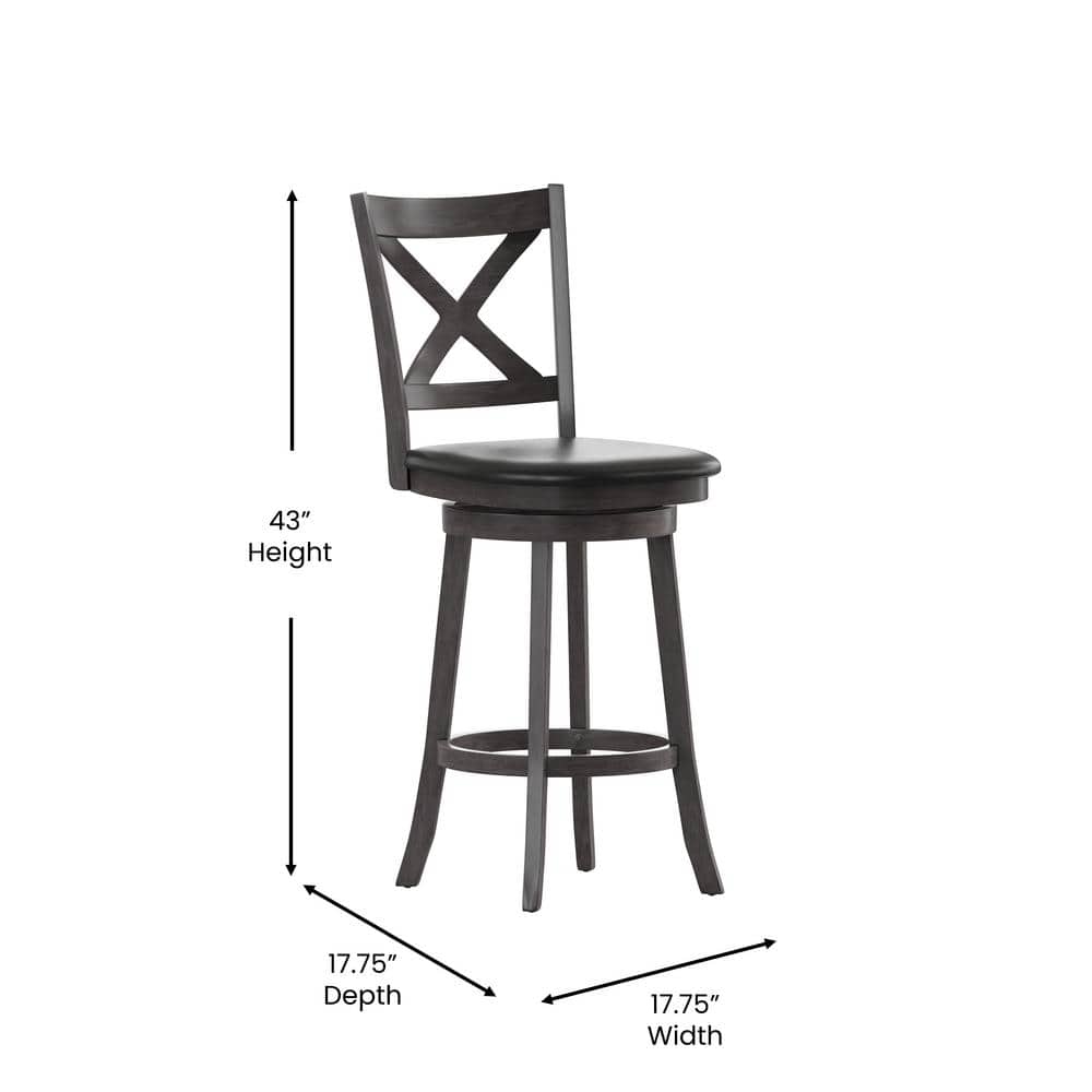 Gray Wash Walnut Crossback Swivel Bar Stool with Faux Leather Seat