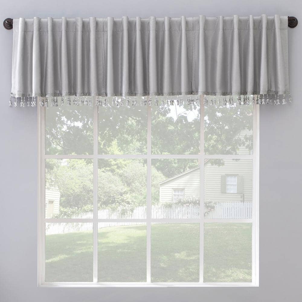 Chrome Gray Faux Silk Blackout Valance with Beaded Tassels