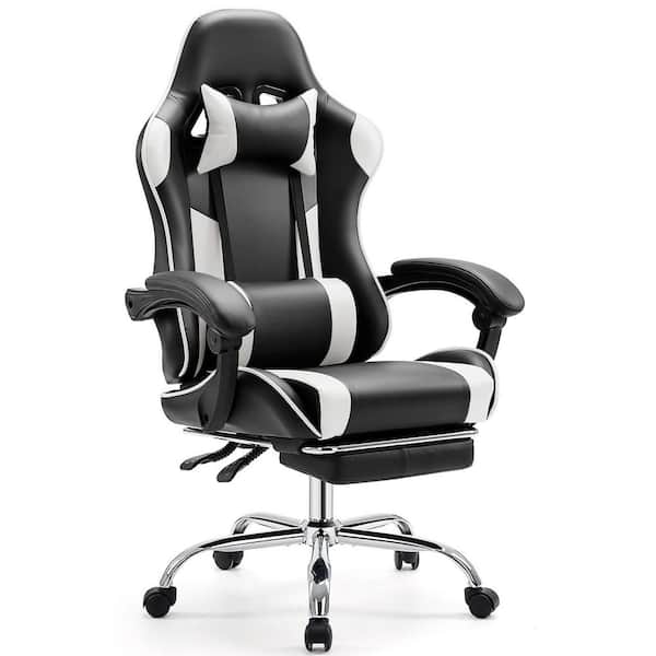 Bestier Gaming Chair-PU Leather Fixed up Armrest Comfy Lumbar Support Ergonomic Arm Chair in White With Double Arm & Footrest