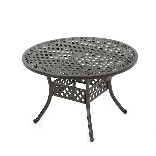 Tenleaf 61 in. Brown Metal Round Expandable Outdoor Dining Table with Umbrella Hole