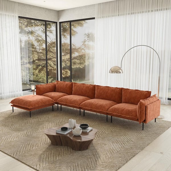Lawson 147 in. Tapered Arm Velvet Sectional Sofa, L-shaped Modular Couch with Ottoman for Living Room in Orange