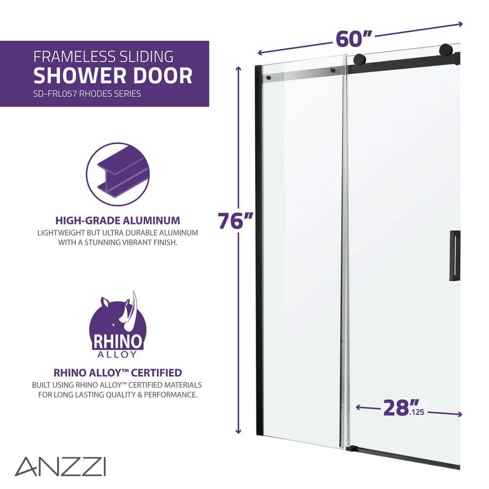 Rhodes Matte Black Frameless Sliding Shower Door with Handle