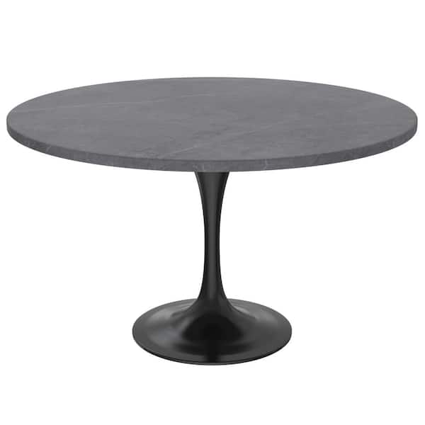 Leisuremod Verve Modern 48 in. Round Dining Table with Sintered Stone Tabletop in Black Steel Pedestal Base, Grey