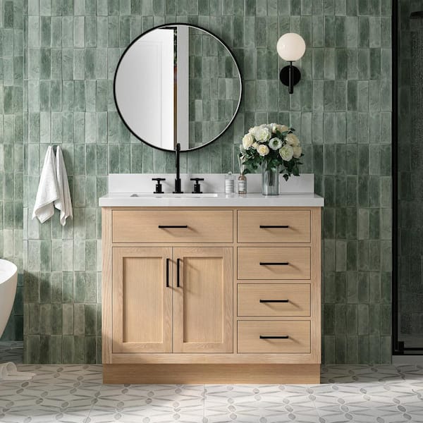 ARIEL Hepburn 43 in. W x 22 in. D x 36 in. H Single Freestanding Bath Vanity in Oak with Pure White Quartz Top