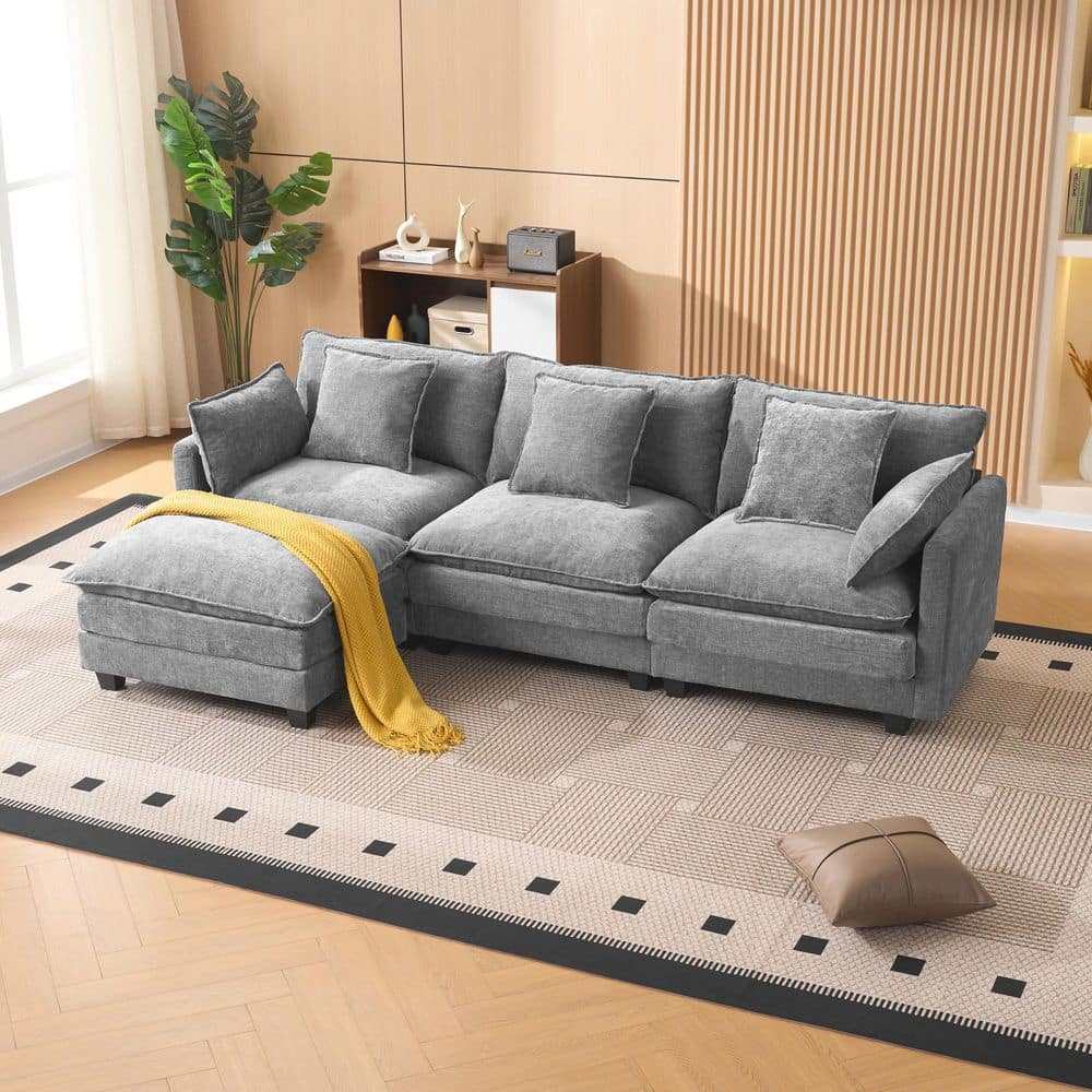 Hannah 94.4 in. Polyester Upholstery L-Shaped Sectional Sofa in. Gray with Storage Ottoman