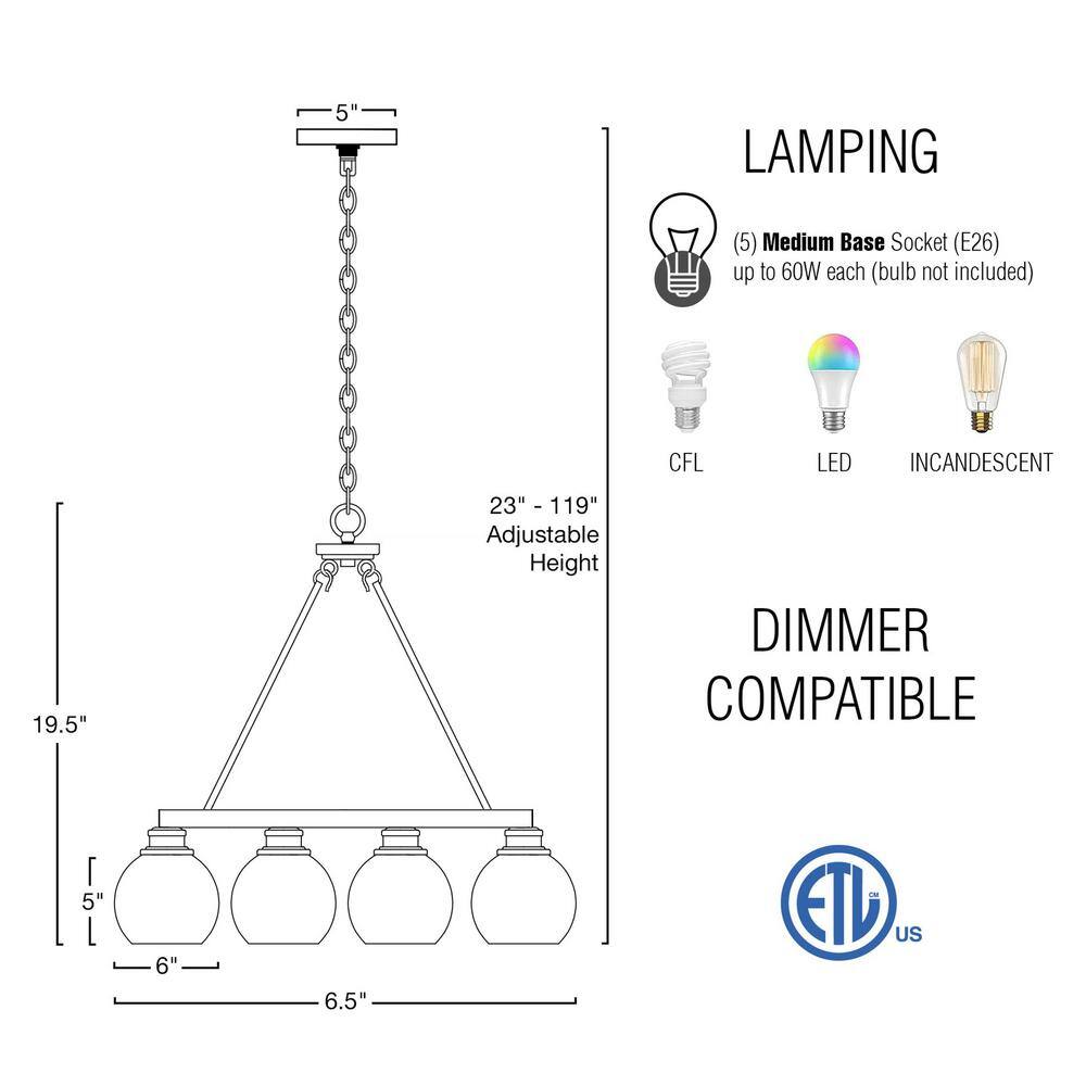 Elwood 25'' Black Metal and Glass Globe Chandelier